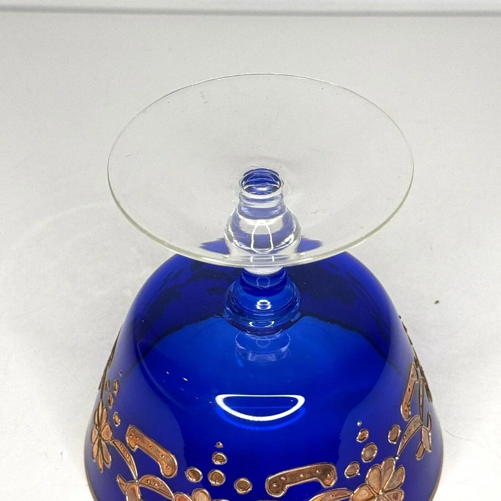 VTG Cobalt Blue Glass Compote Bowl Enamel Gold Gilt Pedestal Dish Candy Bohemian